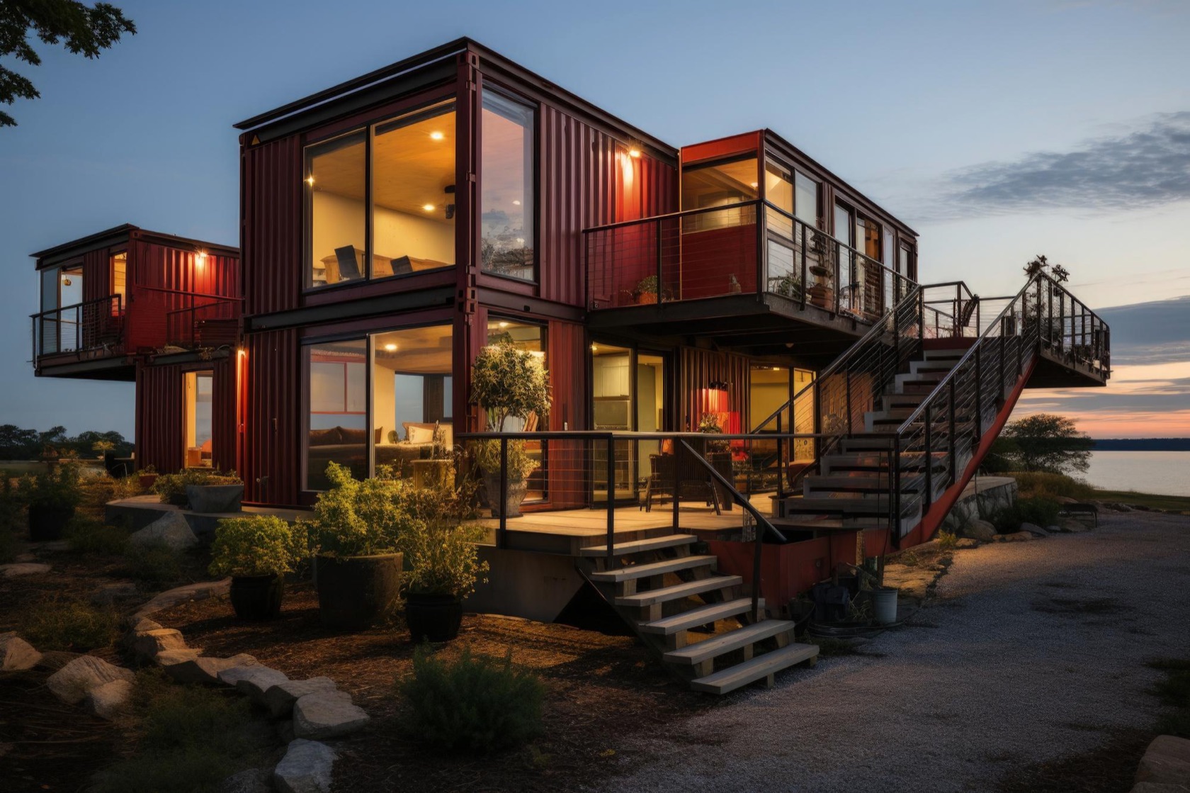 Casa contenedor modular de dos niveles con grandes ventanales iluminados al atardecer, frente al agua
