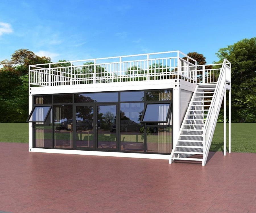 Módulo flat-pack blanco con grandes ventanales y terraza superior